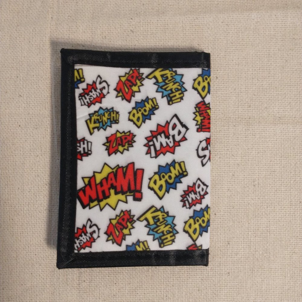 Super Hero Tri Fold White Nylon Hook/Loop Wallet Comic Book Words Wham Boom Bam